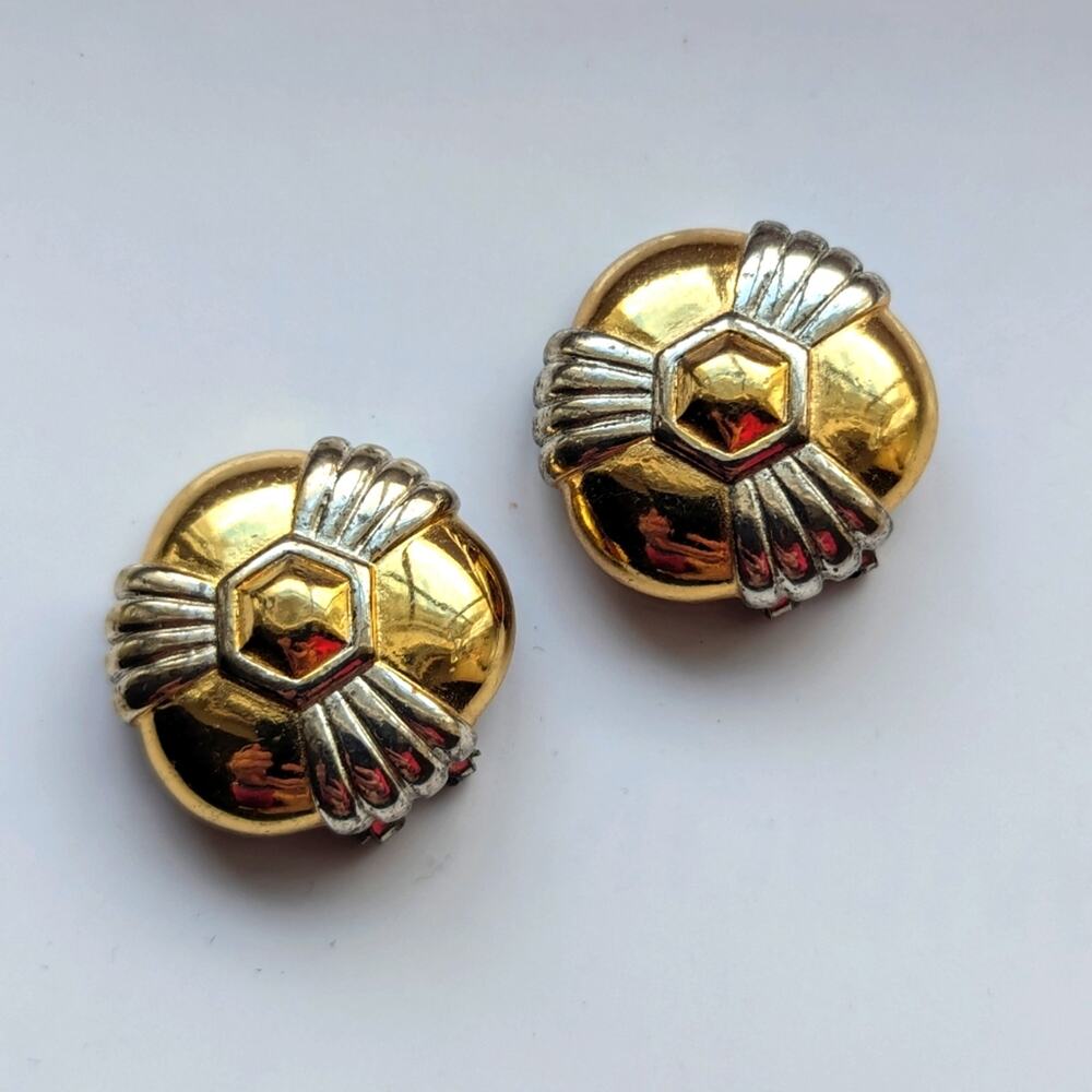 Vintage Liz Claiborne MCM Modernist Gold Silver Tone Classic Clip-On Earrings